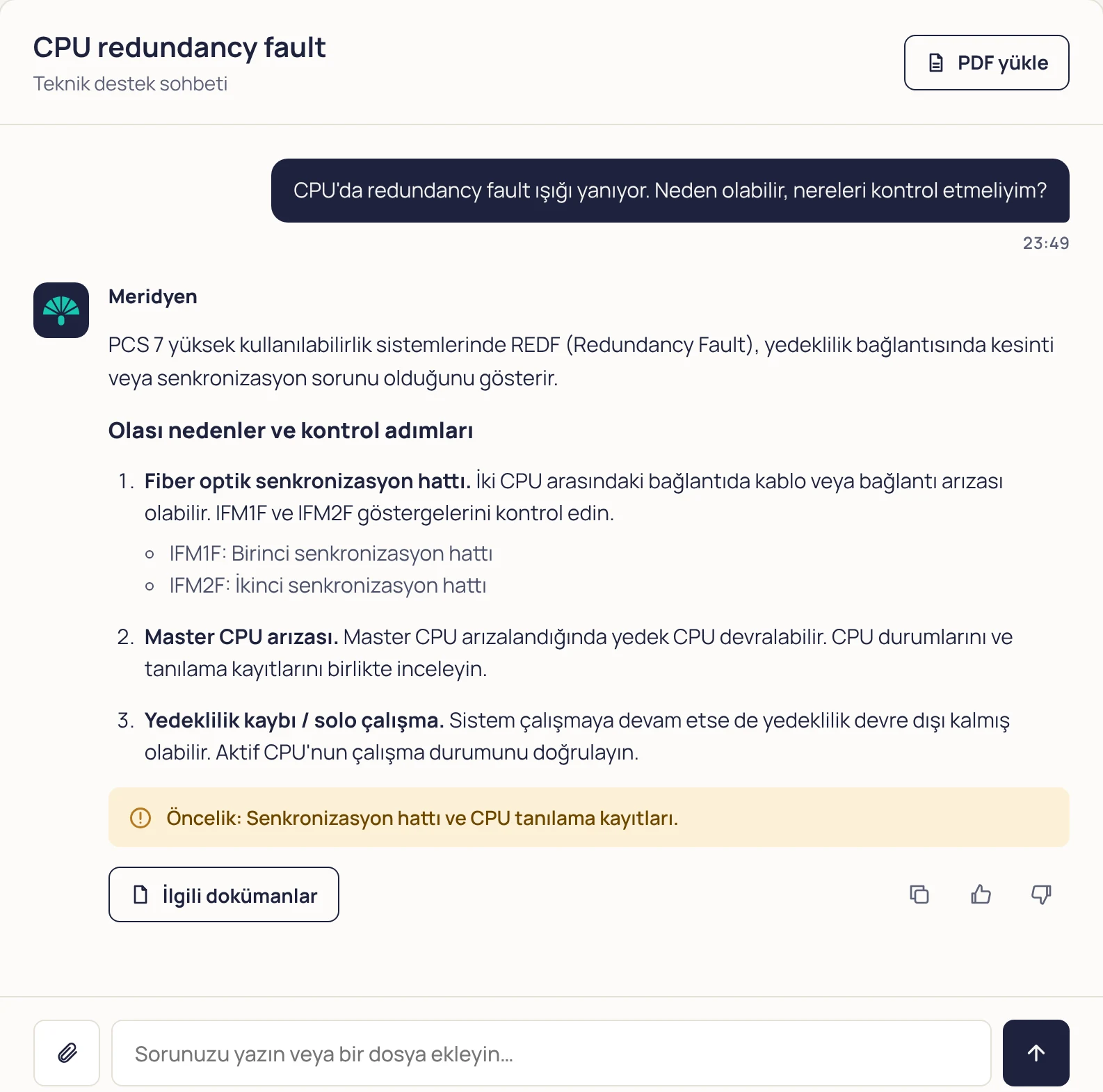 Meridyen Chatbot ekranı: CPU redundancy fault sorusu ve kontrol adımları